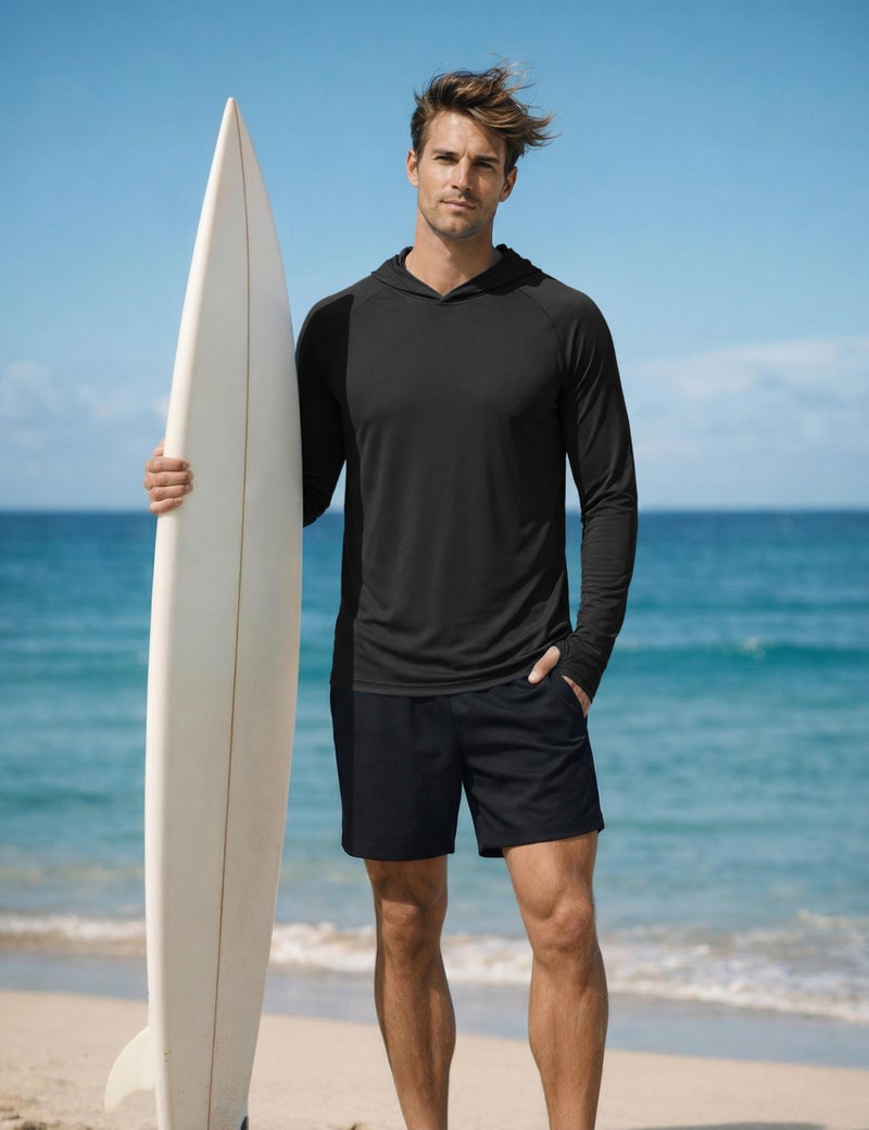 KEFITEVD Sun Protection Shirts for Men with Hood SPF Hoodie Fishing Hiking Shirts Long Sleeve Rash Guard UV UPF 50+ Shirt Black - Image 2